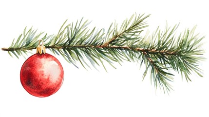 Watercolor painting of a pine branch with a red ornament