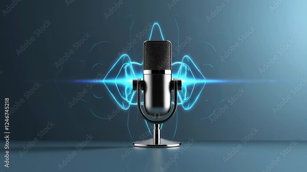 Poster elegant studio microphone capturing audio, visualized by blue light waves, isolated on a gray backgr