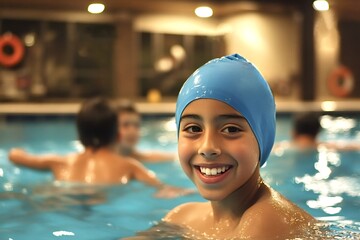 Cheerful child wearing a blue swim cap enjoys swimming in an indoor pool. Other children are swimming in the background, creating a lively and fun atmosphere