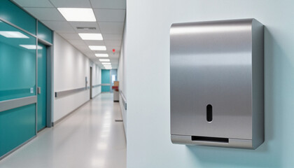 High-tech touchless paper towel dispenser in a sterile hospital hallway environment