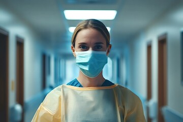 Medical worker in a hospital corridor wearing a mask and protective gown, embodying dedication and safety in healthcare settings. The focus is on professionalism and patient care