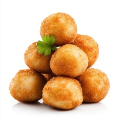 Golden Crispy Potato Balls Stacked on White Background with Green Herb Garnish for Snack or Appetizer Ideas
