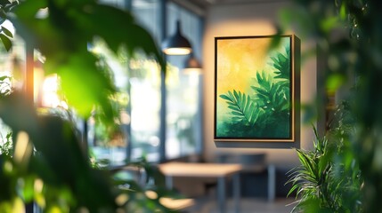 A framed painting of a leafy green tree is hanging on a wall in a room with a lo