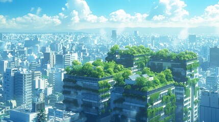 Obraz premium A futuristic cityscape featuring skyscrapers adorned with lush greenery, blending nature with urban architecture under a clear blue sky.
