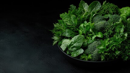 Green vegetables in bowl, dark background, healthy eating