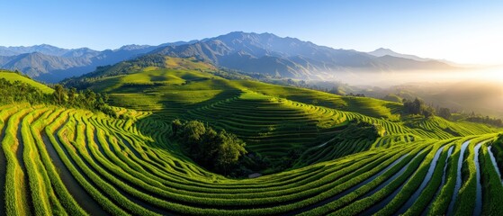 Fototapeta premium Mountain range featuring a series of agricultural terraces in a scenic landscape during daylight hours