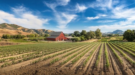 A panoramic view of a rural farm with rows of cultivated crops, a red barn in the background, and a blue sky overhead