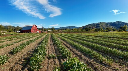 Obraz premium A panoramic view of a rural farm with rows of cultivated crops, a red barn in the background, and a blue sky overhead