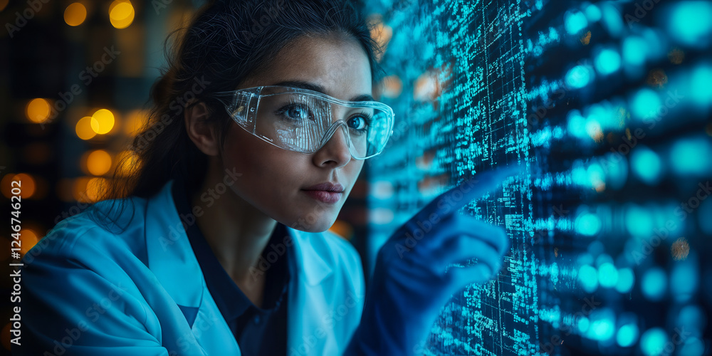 Poster researcher analyzing data on digital interface for integrated functionality in science and technolog