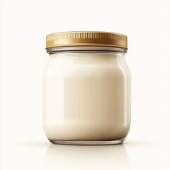 Delicious yogurt in a glass jar with a golden lid placed against a neutral background evoking a sense of freshness and quality