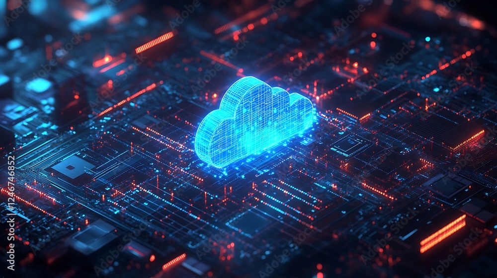 Poster a blue glowing cloud icon with data flowing connection background