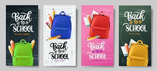 Back to school poster set. Welcome Back to school text with school color backpack and pencil educational elements for learning flyers lay out collection. Vector illustration © Ivan Kopylov