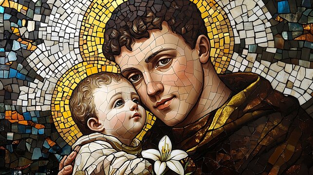 A majestic stained glass depiction of Saint Anthony of Padua, holding baby Jesus lovingly and a white lily in his hand, encircled by golden and white halos,