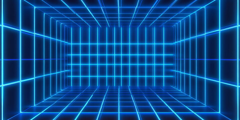 Obraz premium A futuristic chambray blue abstract background with glowing digital grid lines and neon blue highlights. The cyberpunk-inspired design is sleek and cutting-edge.
