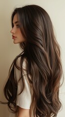 Naklejka premium Beautiful Asian woman with long curly hair has Korean standing with back skin on beige background