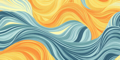 A seamless background with bold, swirling waves in sunshine yellow, peach fuzz, and chambray blue, blending together smoothly to create a sense of energy and movement.