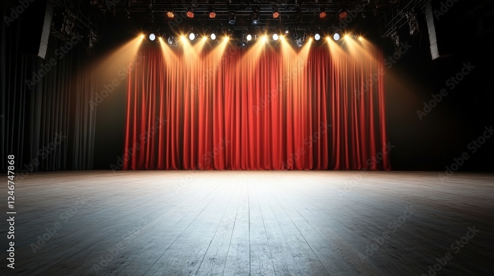 Poster stage with red curtains and spotlights illuminated for a theatrical performance or event