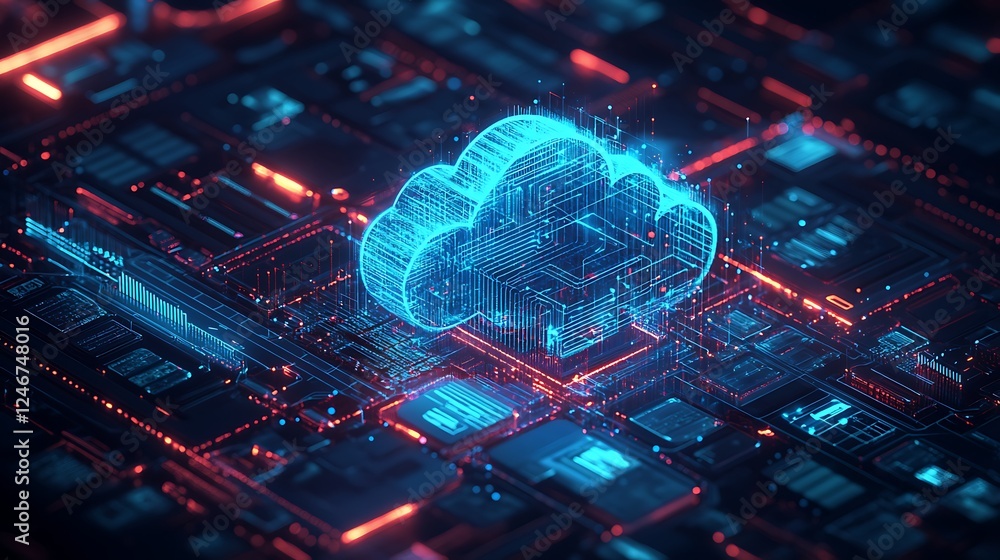 Poster a blue glowing cloud icon with data flowing connection background