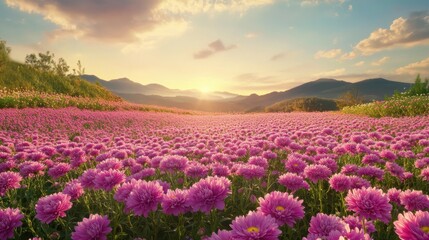 Obraz premium A rural landscape with a beautiful flower farm, filled with blooming pink and purple chrysanthemums, stretching towards the horizon