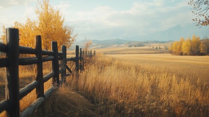 Obraz premium A scenic autumn countryside with golden fields and a rustic wooden fence, perfect for seasonal design projects