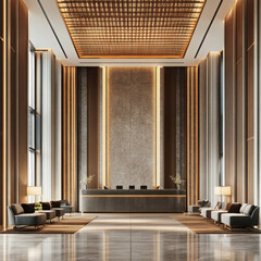 Luxurious hotel reception lobby, designed with a modern Arabic building theme