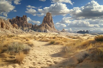Naklejka premium Stunning desert landscape with towering rock formations and dramatic cloudscape
