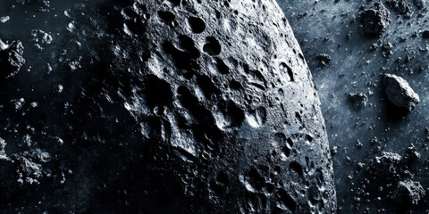 Cosmic meteorite metal background with deep craters, space dust textures, and rough interstellar mineral surfaces. The abstract metallic tones create a futuristic, extraterrestrial aesthetic, perfect