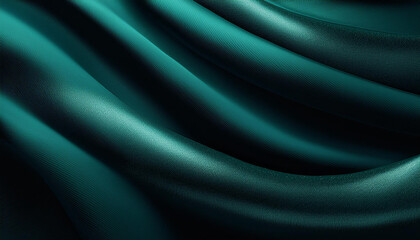 Green drapery silk fabric luxury background. Wavy abstract satin cloth vector texture pattern. Smooth shiny drape material curtain. Elegant velvet curve motion image realistic horizontal design.