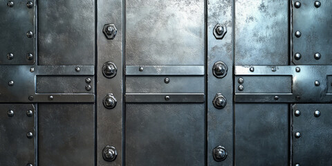 Fototapeta premium Heavy-duty metallic armor plate background with beveled edges, rivets, and mechanical detailing. The textured surface gives it a robust, protective feel, perfect for military, tactical, or sci-fi
