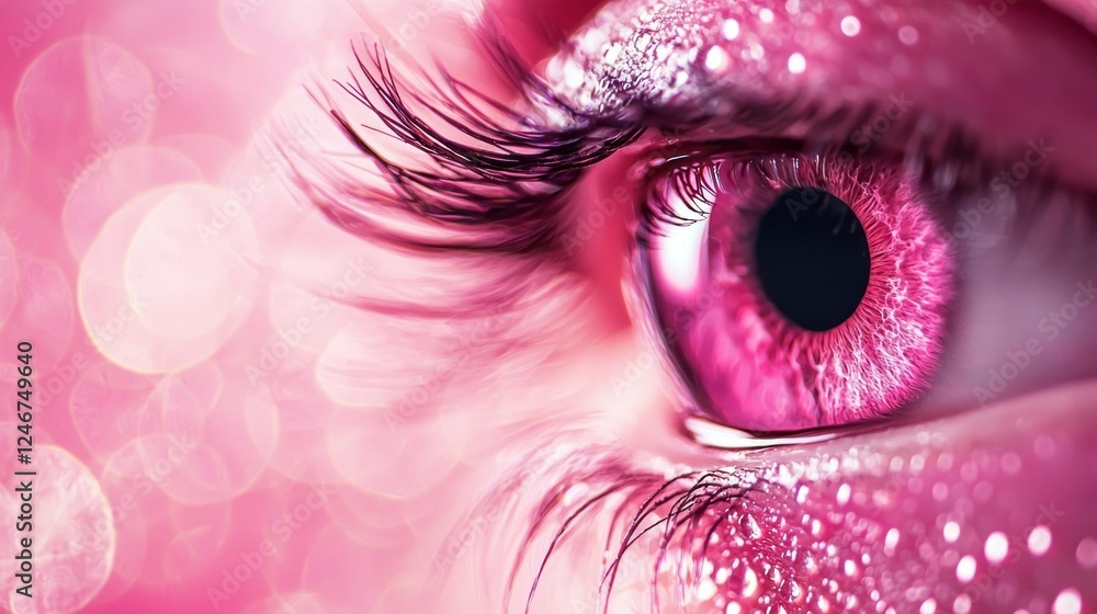 Poster a mesmerizing eye gazes into the distance, adorned with glimmers of pink and sparkling droplets agai