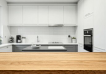 wooden top table in kitchen room interior for product display montage
