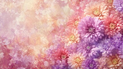 A vibrant floral background with pink and purple chrysanthemums in full bloom, softly blurred to create a dreamy effect