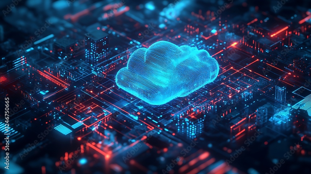 Poster a blue glowing cloud icon with data flowing connection background