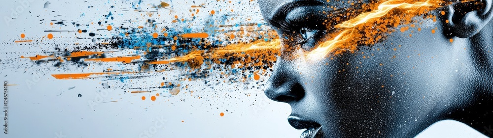Poster intense double exposure image featuring abstract flames emanating from the profile of a person, blen