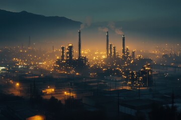Fototapeta premium Industrial activity at night urban area photography atmospheric setting aerial view environmental impact