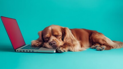 Naklejka na ściany i meble Dog working on laptop at home feeling tired or sleepy isolated on a colorful background