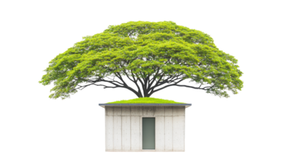 Modern home with green roof and large tree, showcasing eco friendly design, isolated on transparent background