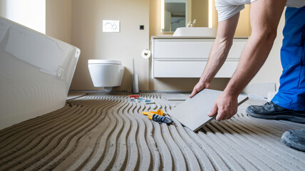 a professional installing floor tiles, modern bathroom setting