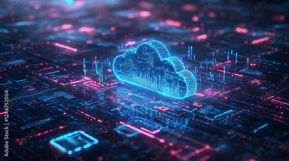 Poster a blue glowing cloud icon with data flowing connection background
