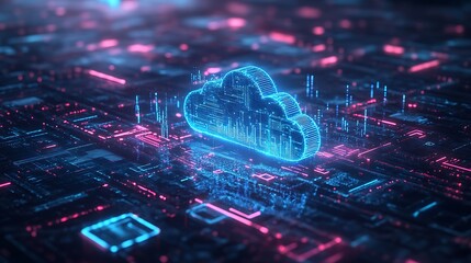 Obraz premium A blue glowing cloud icon with data flowing connection background