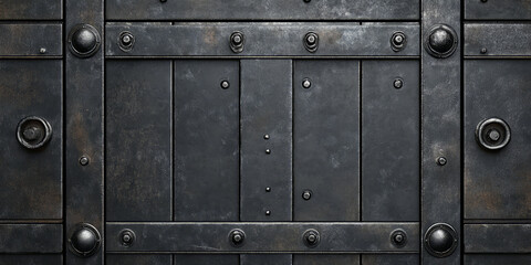 Fototapeta premium Aged industrial metal door background with heavy rivets and mechanical locks.