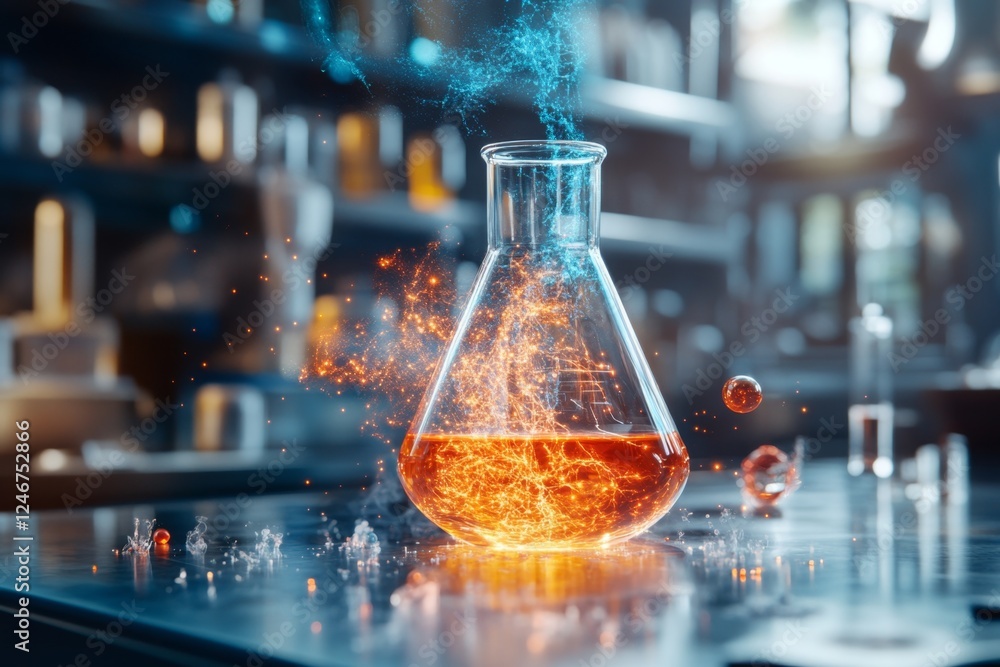 Aufkleber a futuristic ai-powered chemistry lab where digital holograms display complex chemical reactions