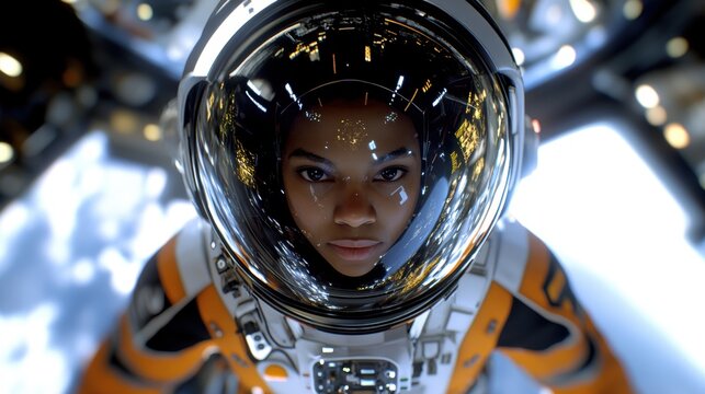 astronaut portrait, an accomplished african american astronaut in a futuristic space suit gracefully floats in a high-tech space station, with earth in the background