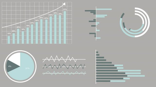 Stock market and financial presentation with infographics, charts and diagrams on grey background. 4K resolution animation.