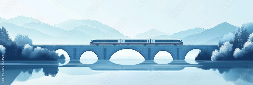 Poster scenic train journey across a bridge over a tranquil river in a serene mountain landscape. generativ