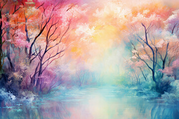 Rainbow background. Ethereal forest scene filled with vibrant hues and soft gradients, evoking sense of tranquility and wonder. Serene water body reflects magical ambiance of nature's artistry