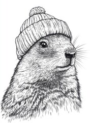 Stylized Illustration Of A Rabbit In A Knitted Hat With Detailed Fur Texture In Monochrome Style