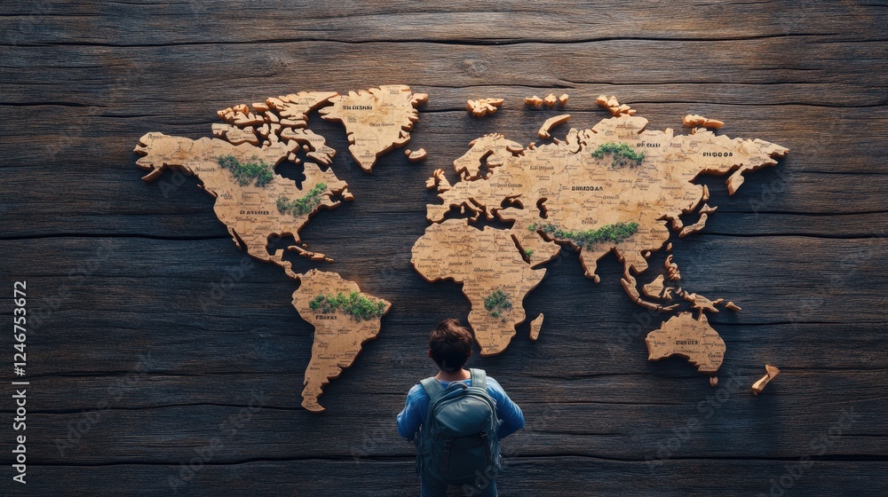 Aufkleber man standing in front of a large wooden world map display in modern interior setting