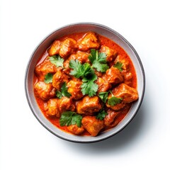 Savory Chicken Dish with Rich Tomato Sauce and Fresh Green Coriander in a Round Bowl on White Background