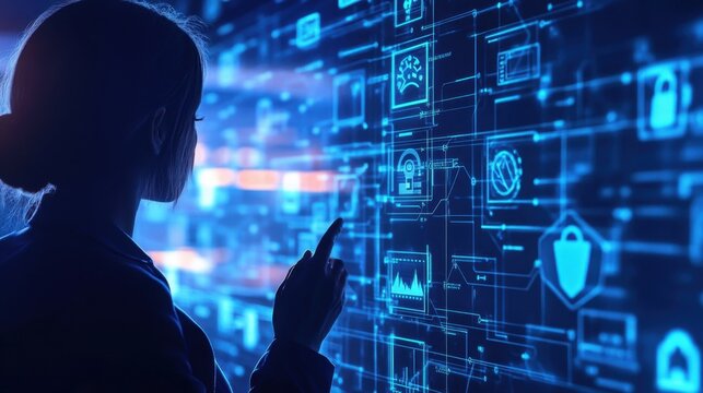 Business executive presenting cybersecurity compliance strategies, corporate boardroom setting